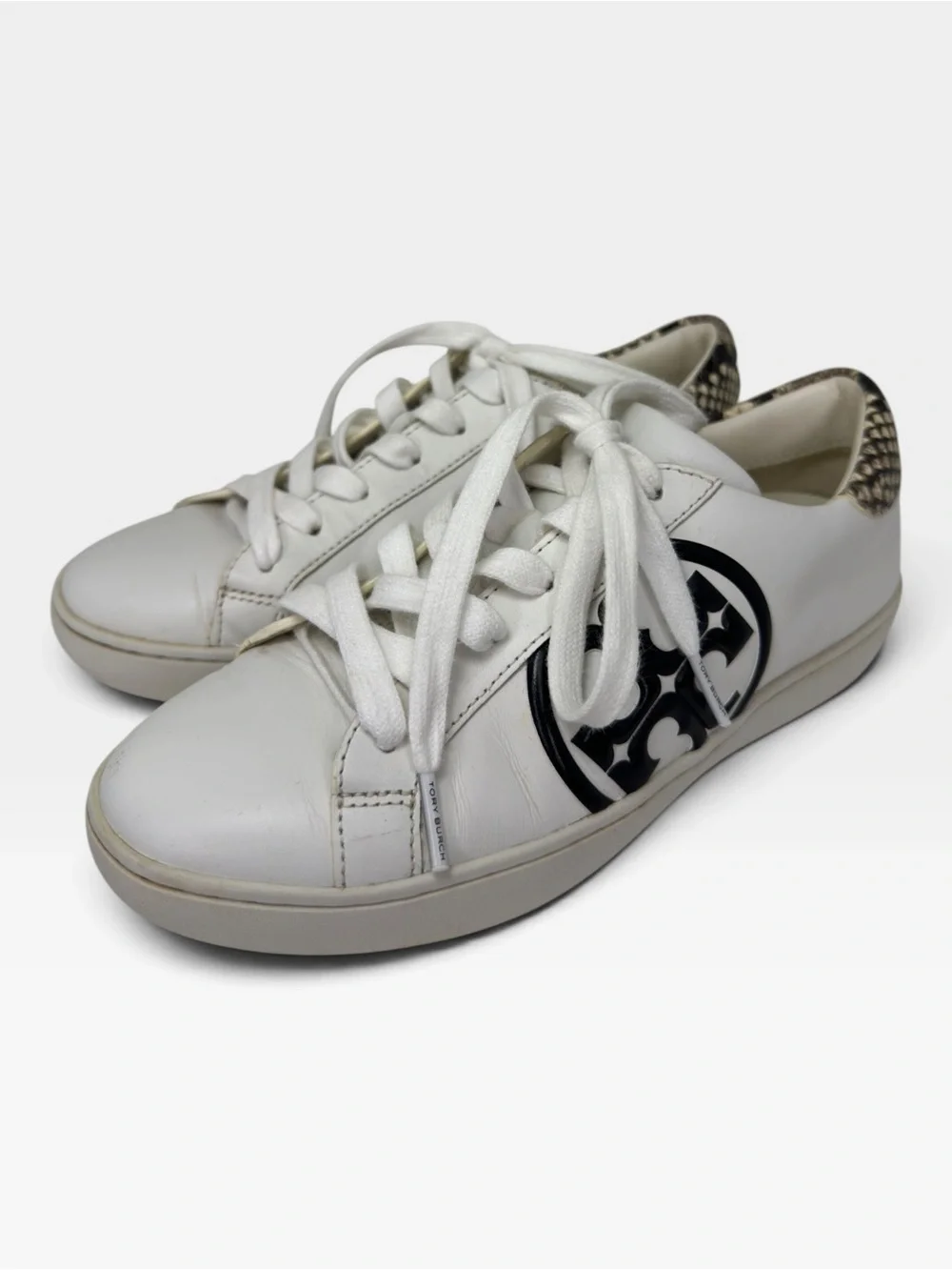 Tory Burch White Leather Logo Sneaker with Snake-Print Heel SIZE 6.5 W